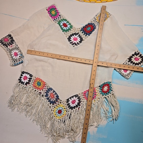 Asha Crochet Fringe Poncho Top Color Blocked Festival Mexico 21x32 Boho One Size - Picture 3 of 7